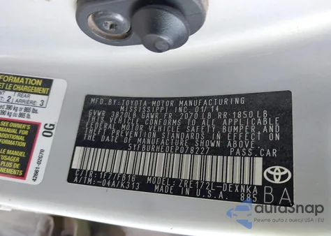 2014 Toyota Corolla Le z USA, uszkodzony, nr VIN 5YFBURHE0EP078227